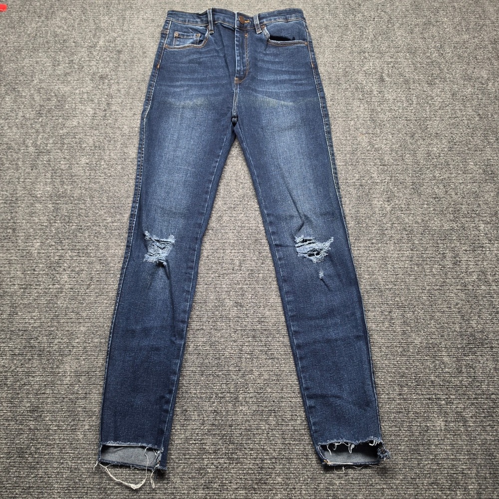 Pull & Bear High Rise Skinny Jeans Womens 24 Dark Wash Ripped Knee Raw Hem